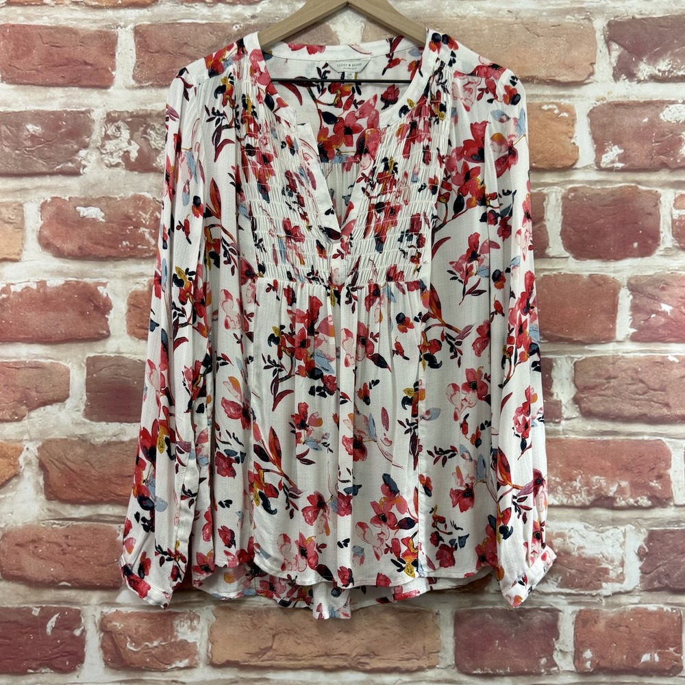 Lucky Brand Top Womens Large White Multicolor Floral Abstract Smocked Yoke Shirt